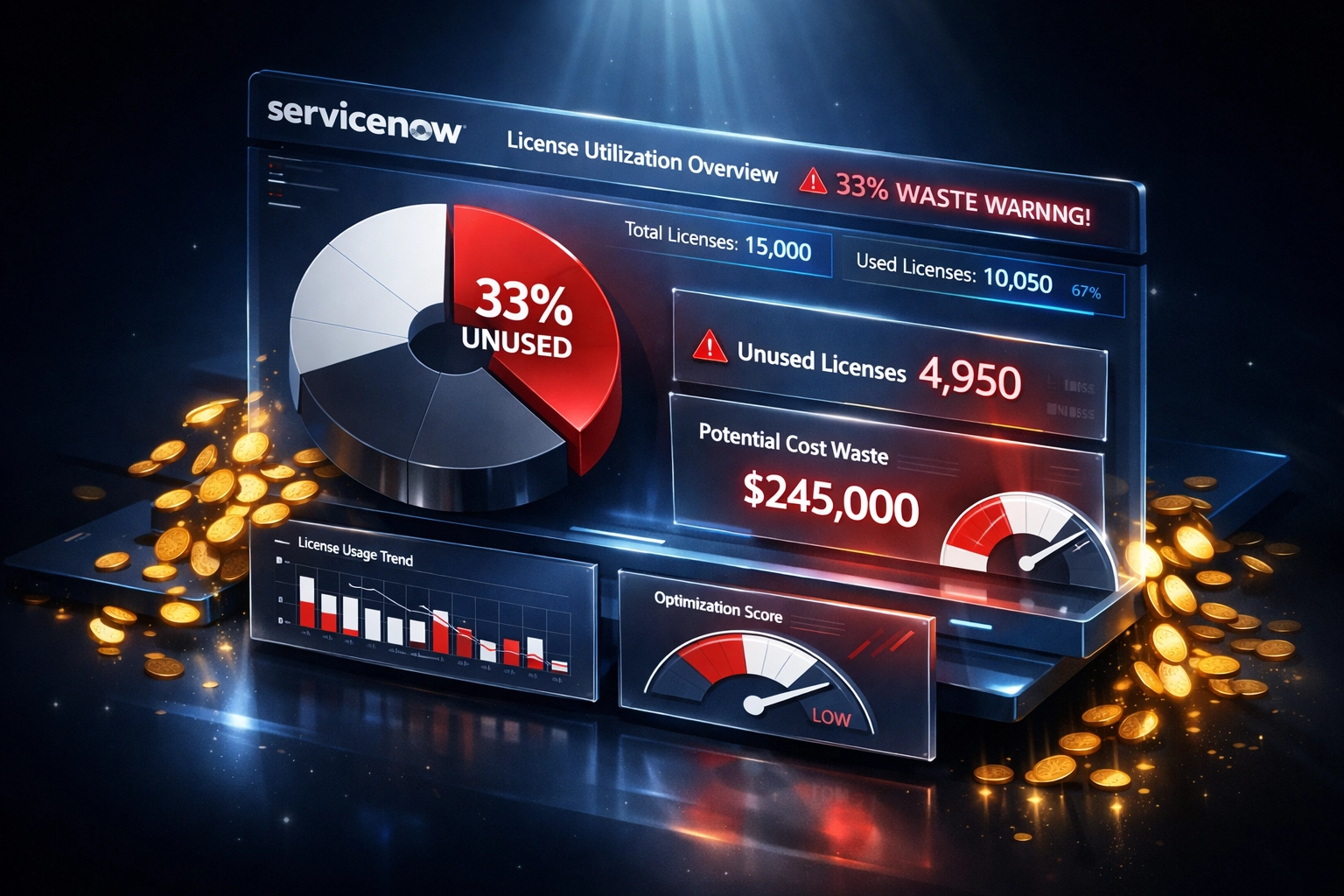 ServiceNow license utilization dashboard showing 33% waste in ITOM and ITAM subscriptions