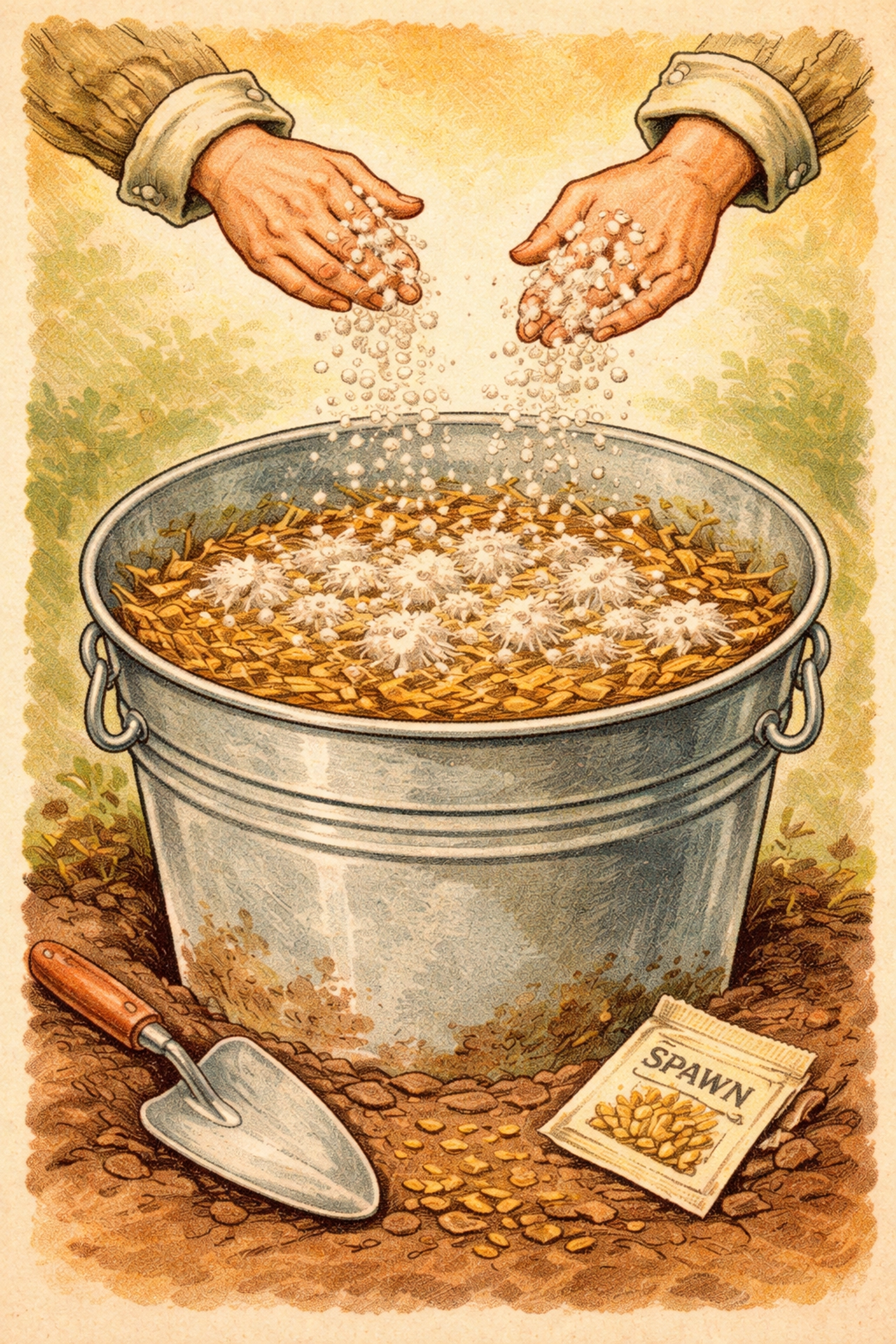 Educational illustration of layering straw substrate and mushroom spawn inside a bucket for indoor mushroom growing.