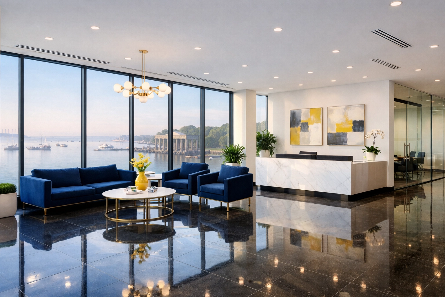 Professional Plymouth office lobby with polished floors showing top-tier janitorial services