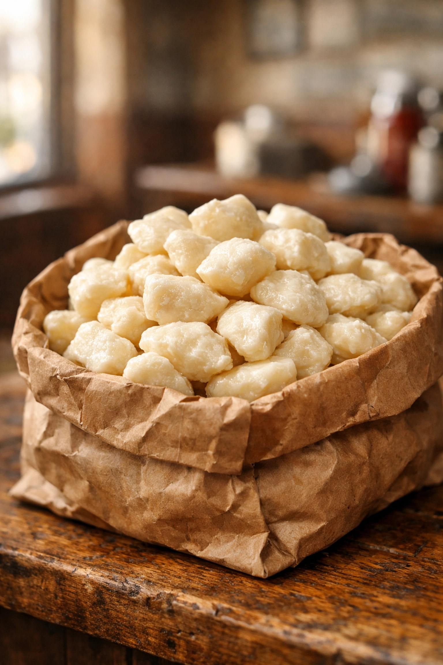 Fresh squeaky cheese curds for Montreal poutine served in a traditional brown paper bag.