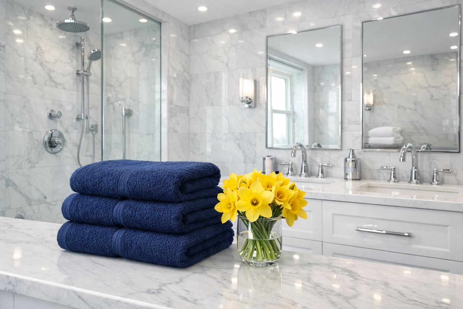 Sparkling clean marble bathroom in Lancaster with sanitized tiles and polished fixtures.