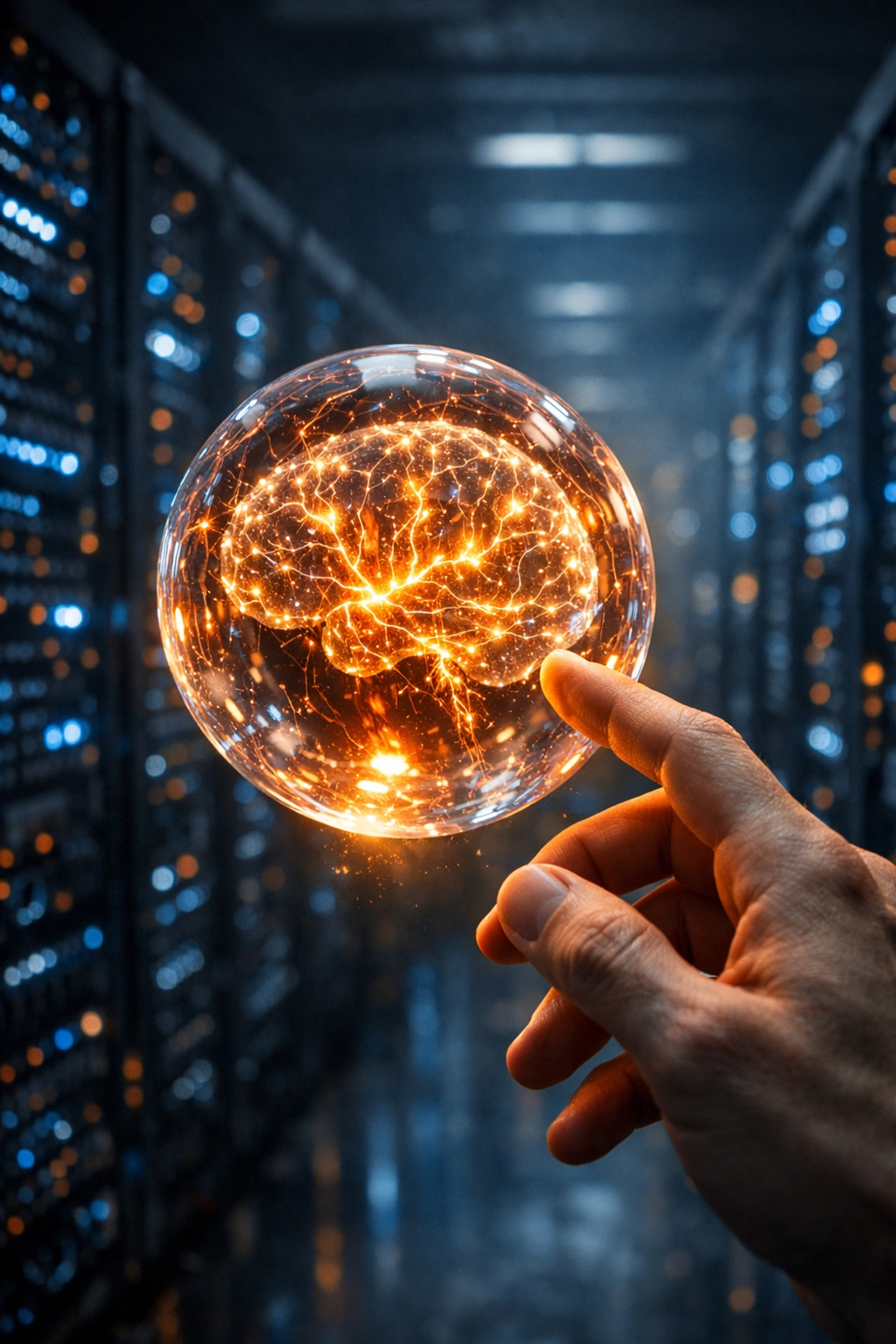 Human hand interacting with a glowing neural network model in a data center representing ethical AI deployment.