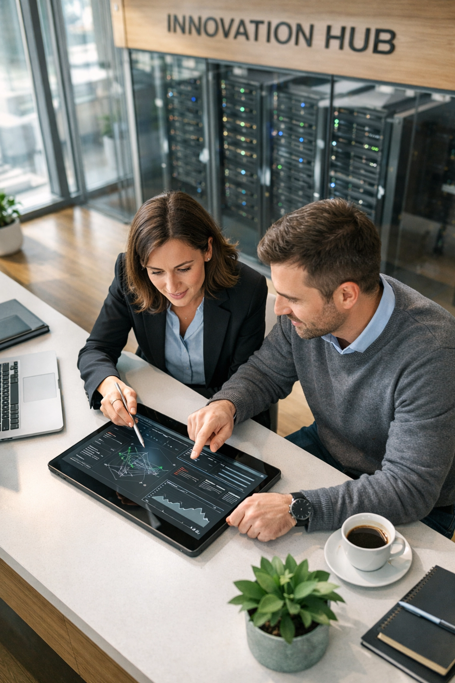 ServiceNow ITOM consultants collaborating on a digital tablet to ensure precise infrastructure discovery and automation.
