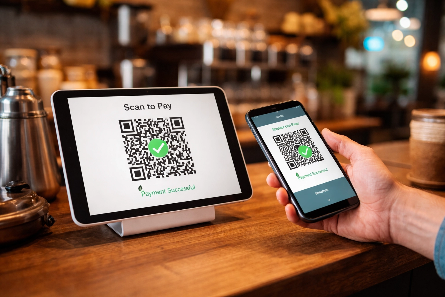Customer scanning QR code at a boutique coffee shop counter, illustrating easy crypto POS payments for small business.