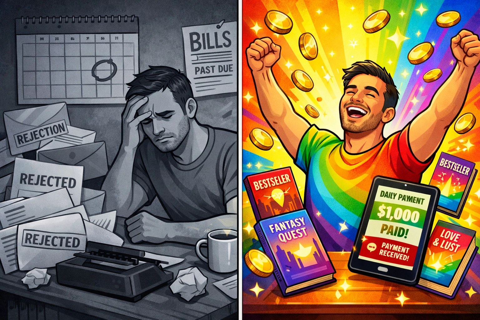 Gay author before and after self-publishing success comparison