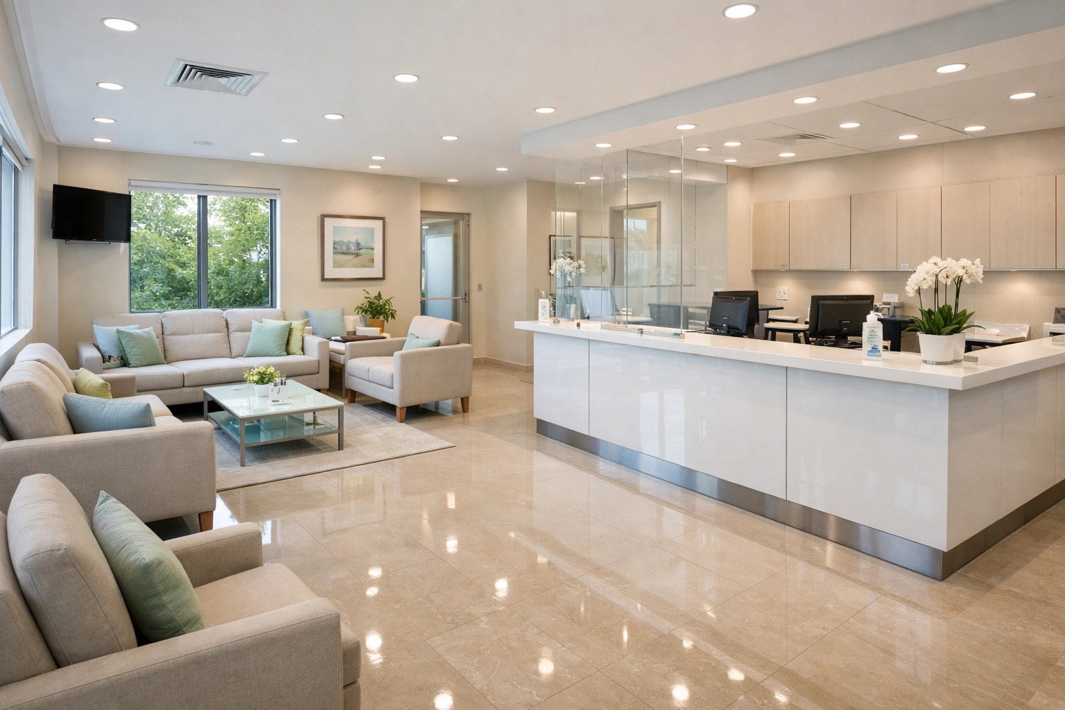 Clean medical office waiting room in Bergen County with sanitized surfaces