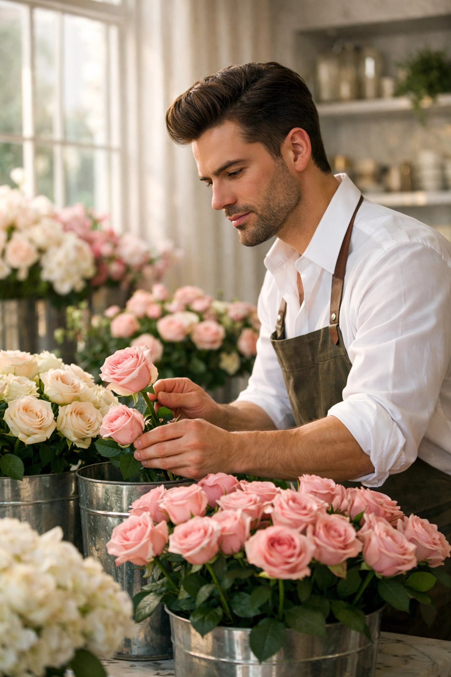 Gay florist selecting premium roses in luxury studio for elite clients