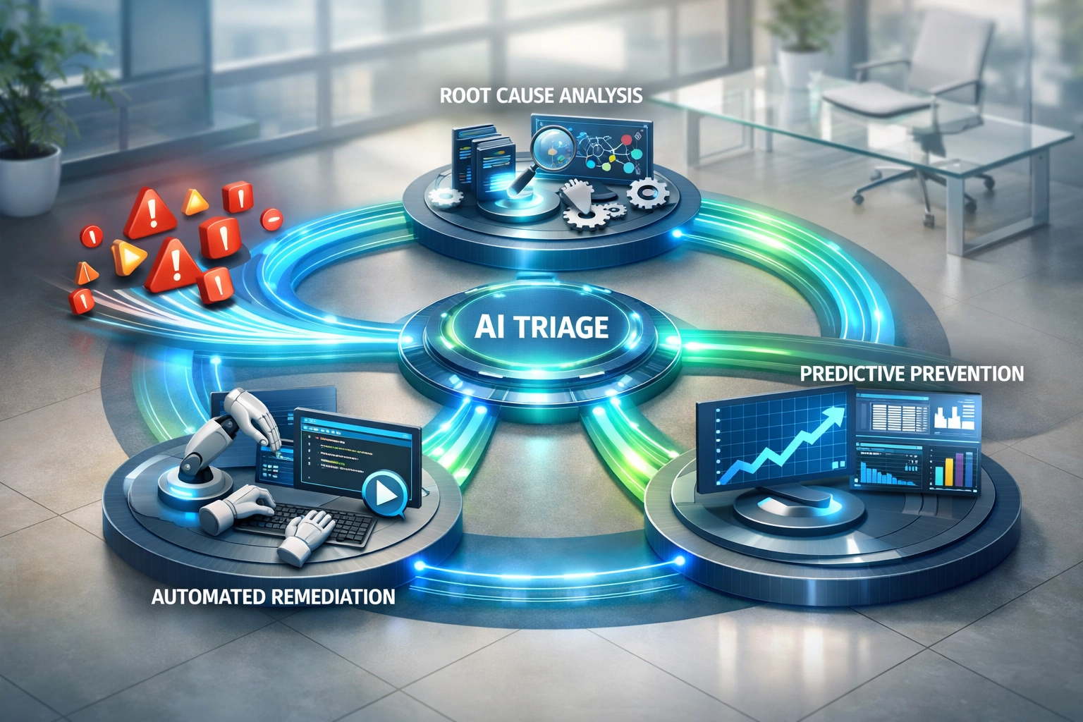 Automated incident management workflow with AI triage, root cause analysis, and remediation pathways