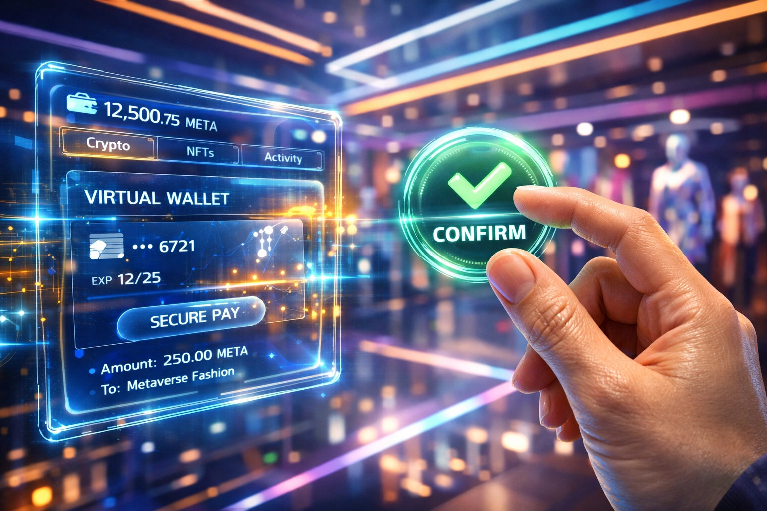 Secure gesture-based checkout using a digital smart wallet for frictionless metaverse shopping with larecoin.ai.