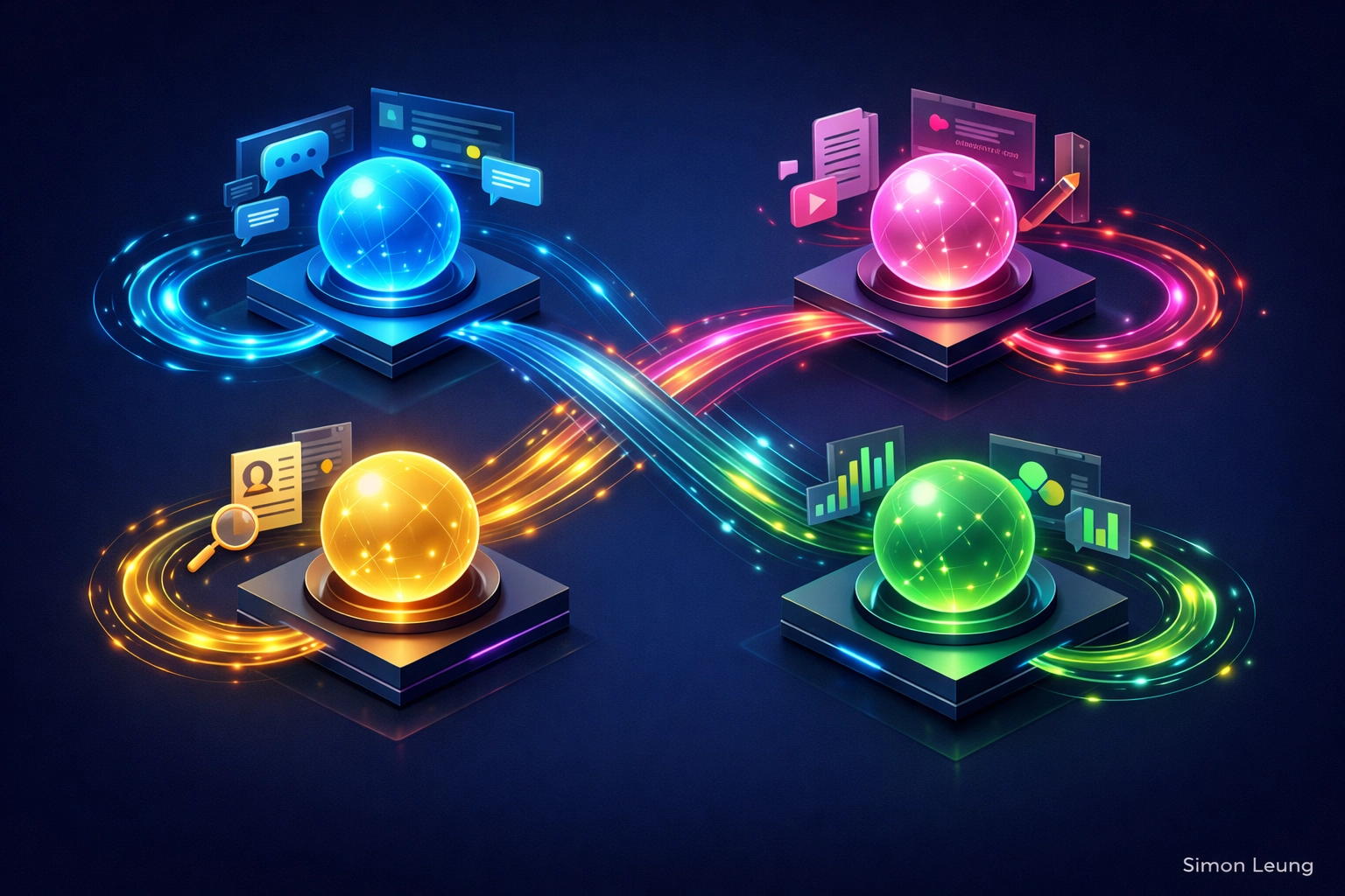 Interconnected AI business automation processes for customer service, content, and analytics