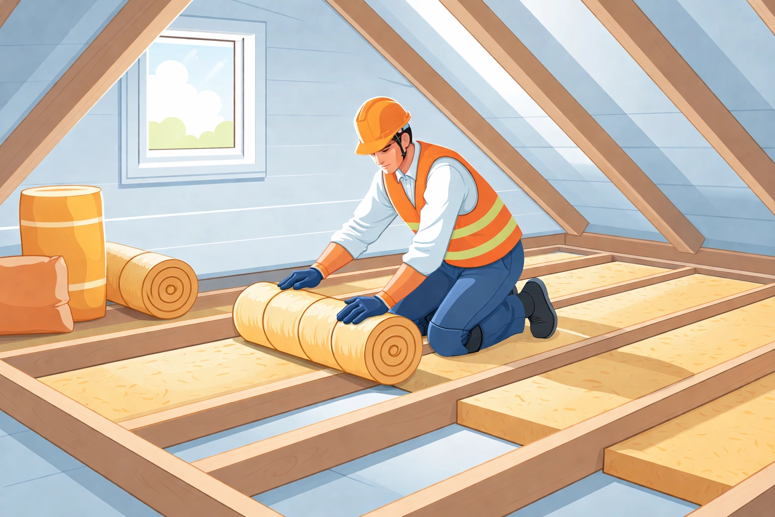 Illustration of a professional installing mineral wool loft insulation in a Midlands home, showing energy-saving upgrades.