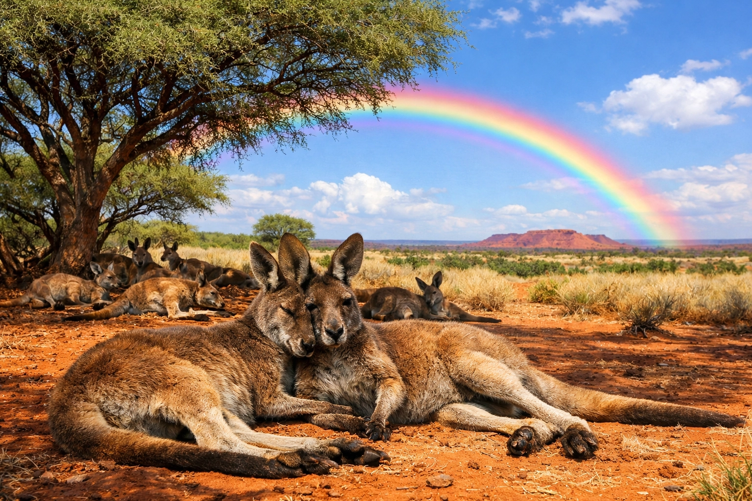 Two bonded male kangaroos resting side-by-side with a rainbow in the sky, symbolizing queer visibility in nature.