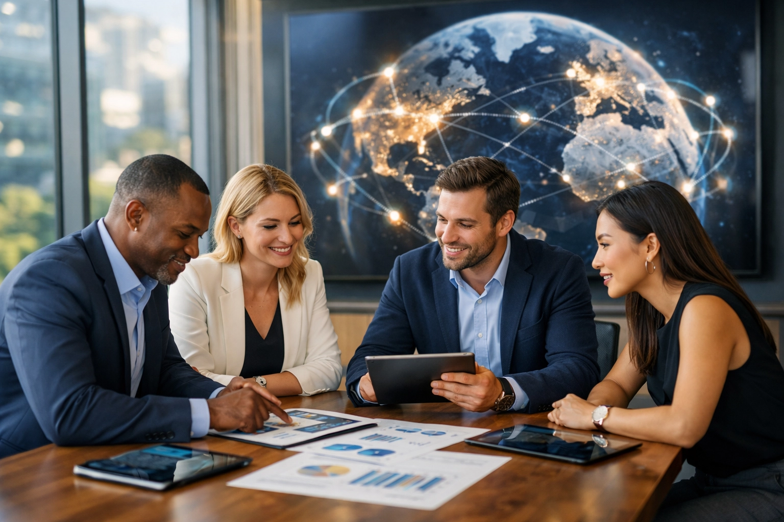 Diverse media consultants analyzing global reach strategies and market research in a modern office.