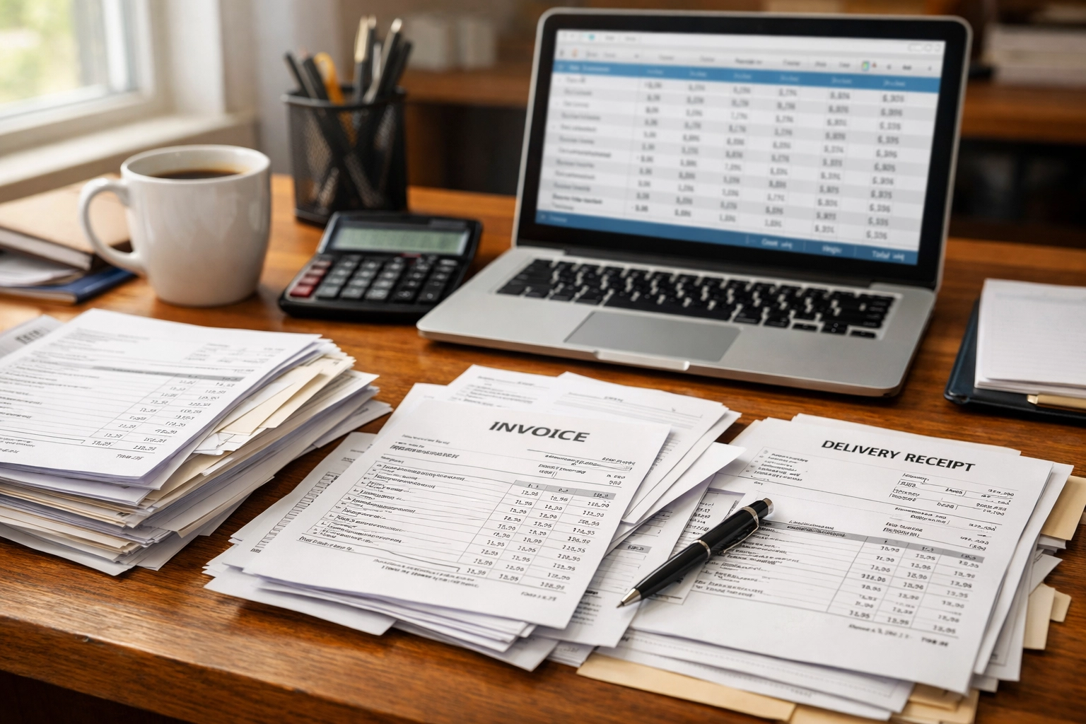 Restaurant manager reviewing vendor invoices and pricing spreadsheets at desk