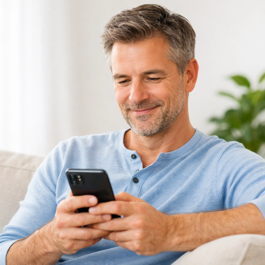 A man completing an online weight loss assessment on his smartphone for a telemedicine consultation.