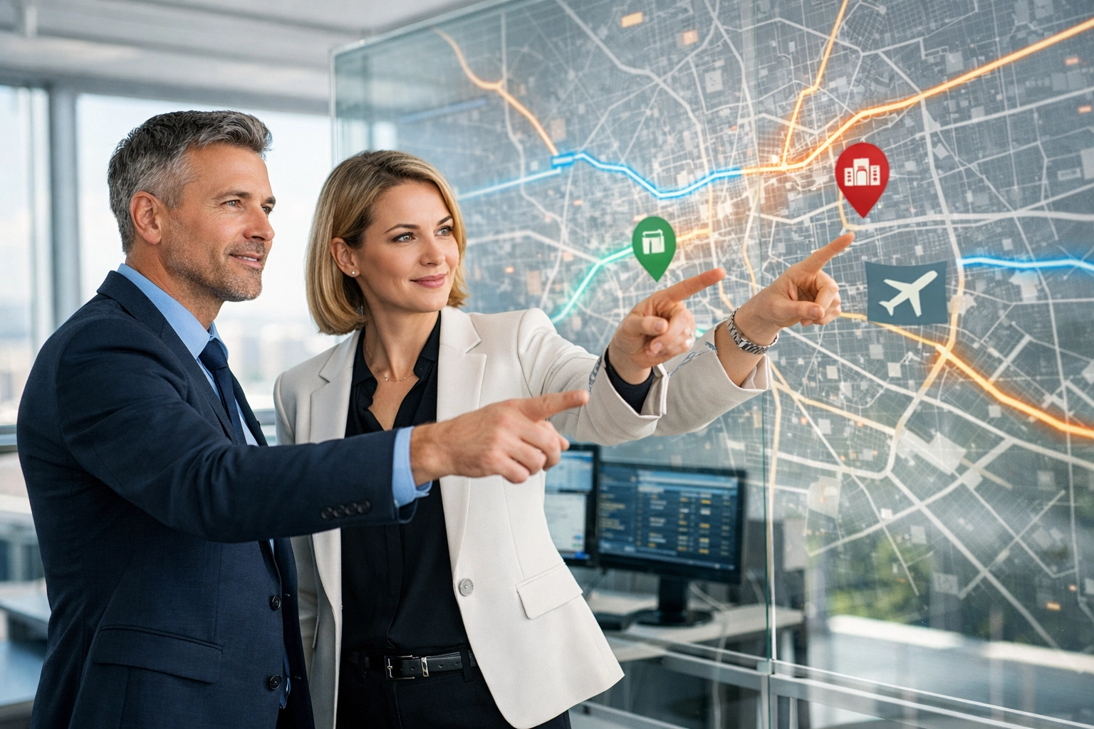 Corporate travel management experts planning logistics and routes for a Super Bowl branding blitz.