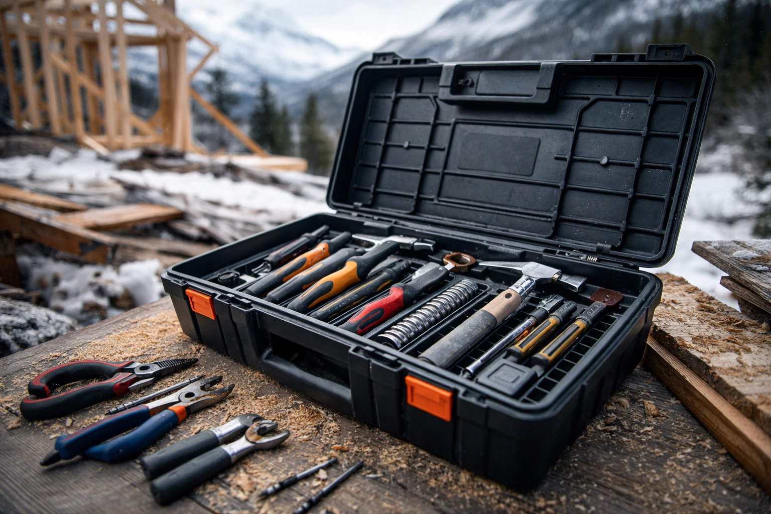Open toolbox with organized tools at an Alaskan construction site, showing the value of protecting contractor equipment.