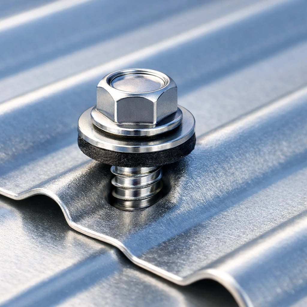 Close-up of marine-grade fasteners on a metal roof to prevent salt air corrosion.