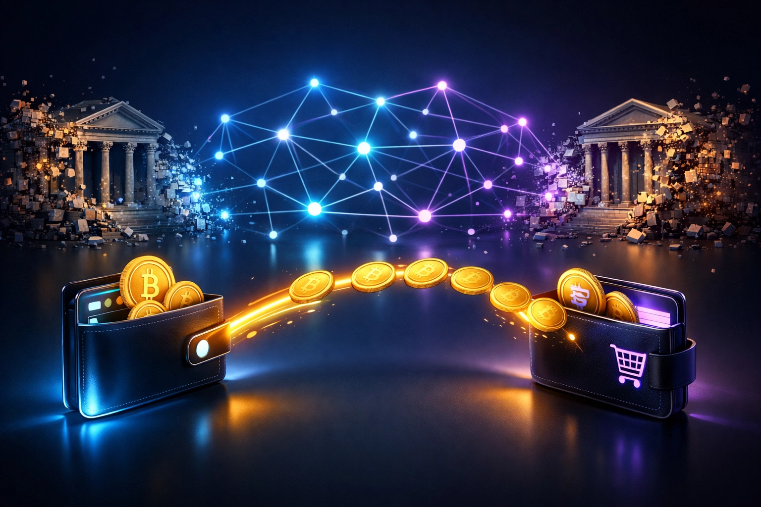 Direct blockchain settlement showing peer-to-peer crypto payments without intermediaries