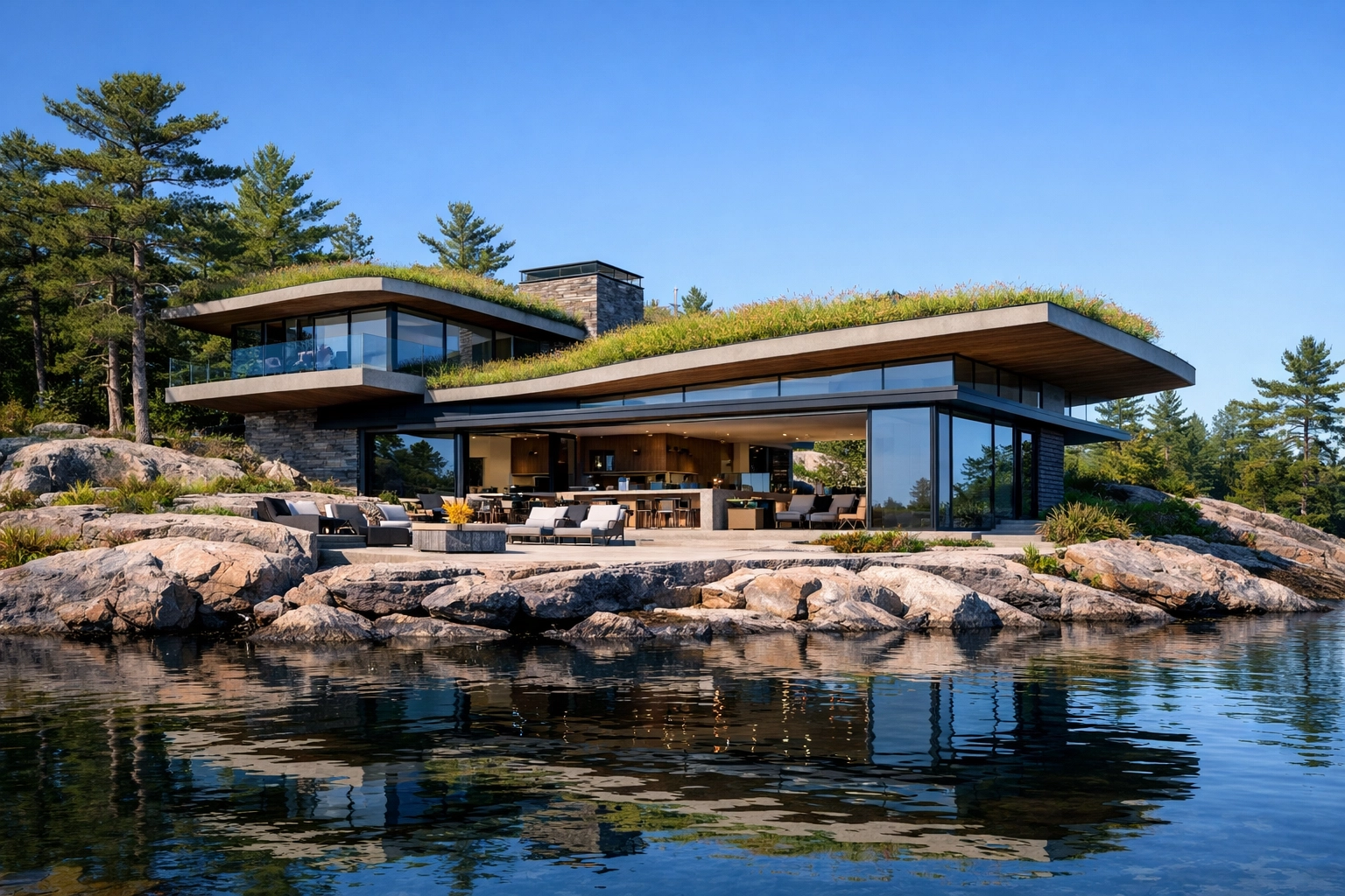 Eco friendly luxury home design on an Ontario shoreline featuring a sustainable green living roof.