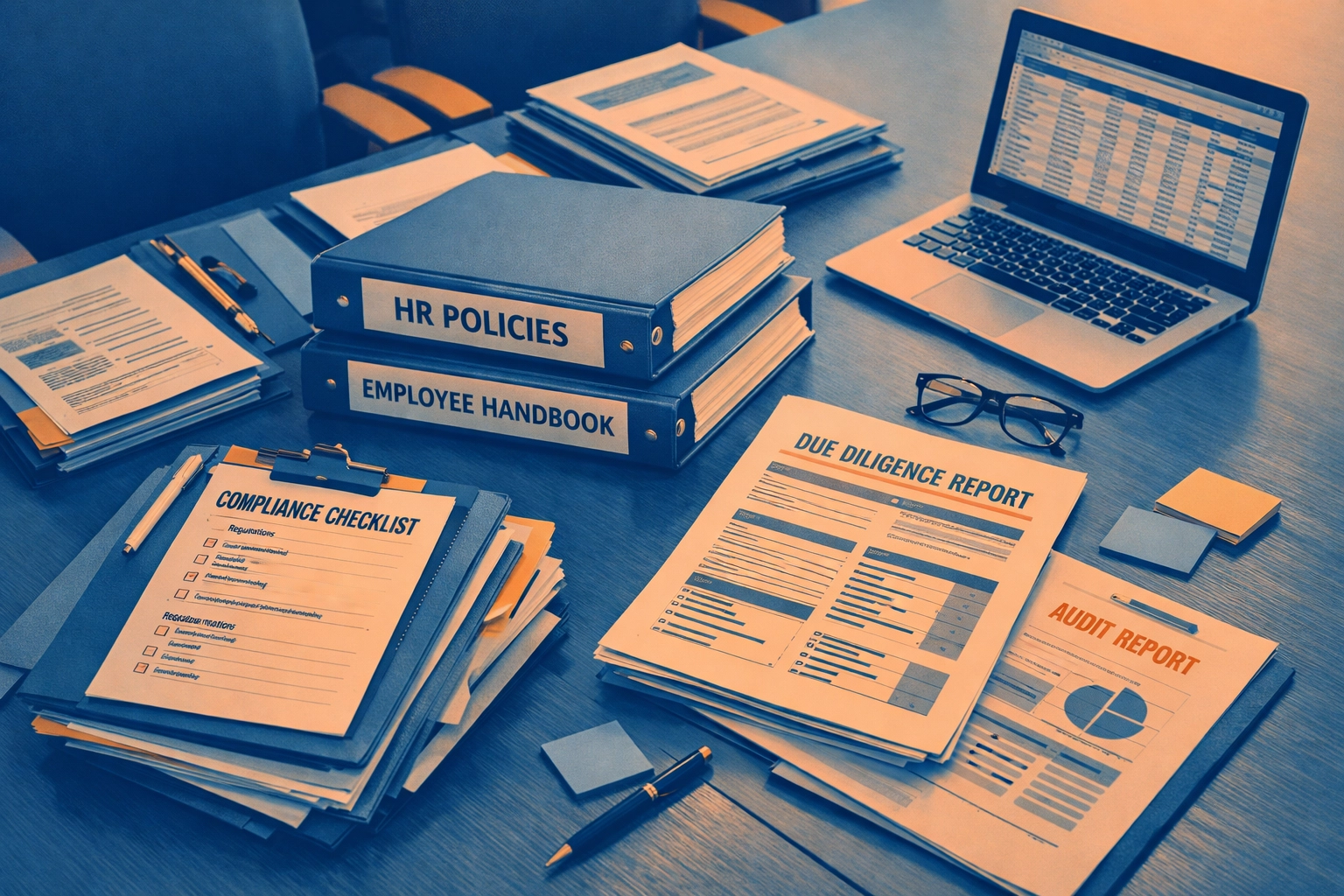 HR due diligence documents and compliance checklists organized on conference table