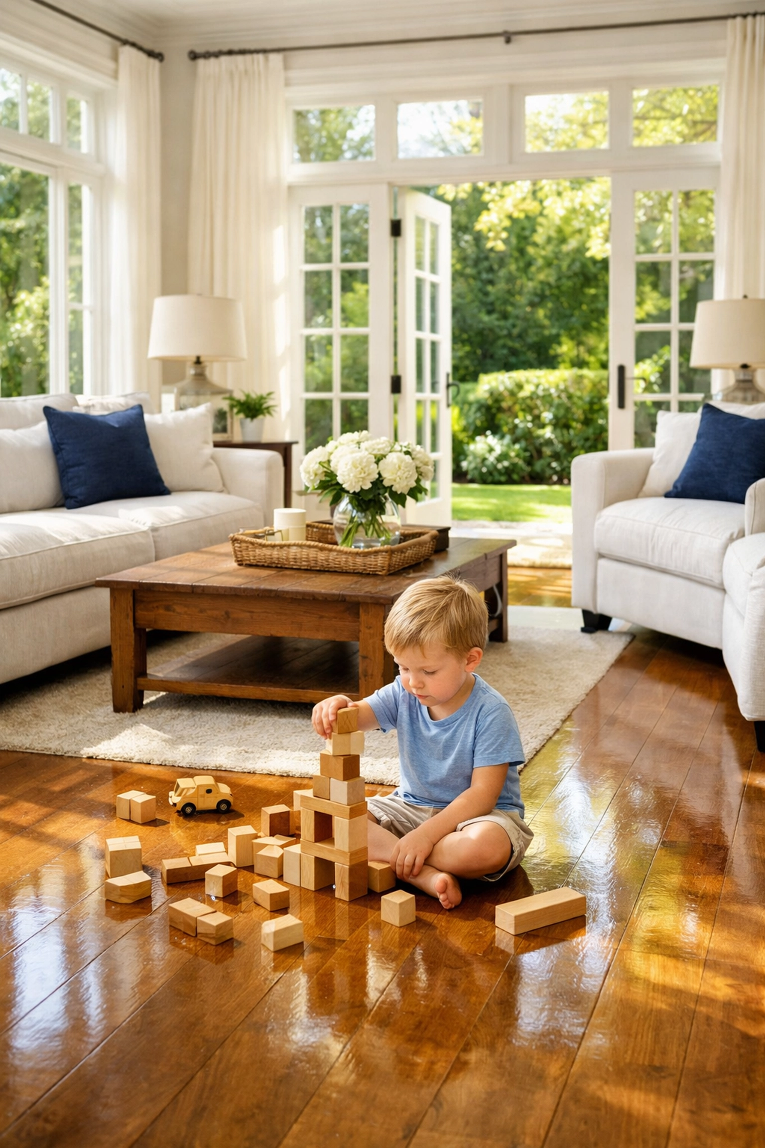 Child playing on clean floors in a Concord home maintained with eco-friendly house cleaning.