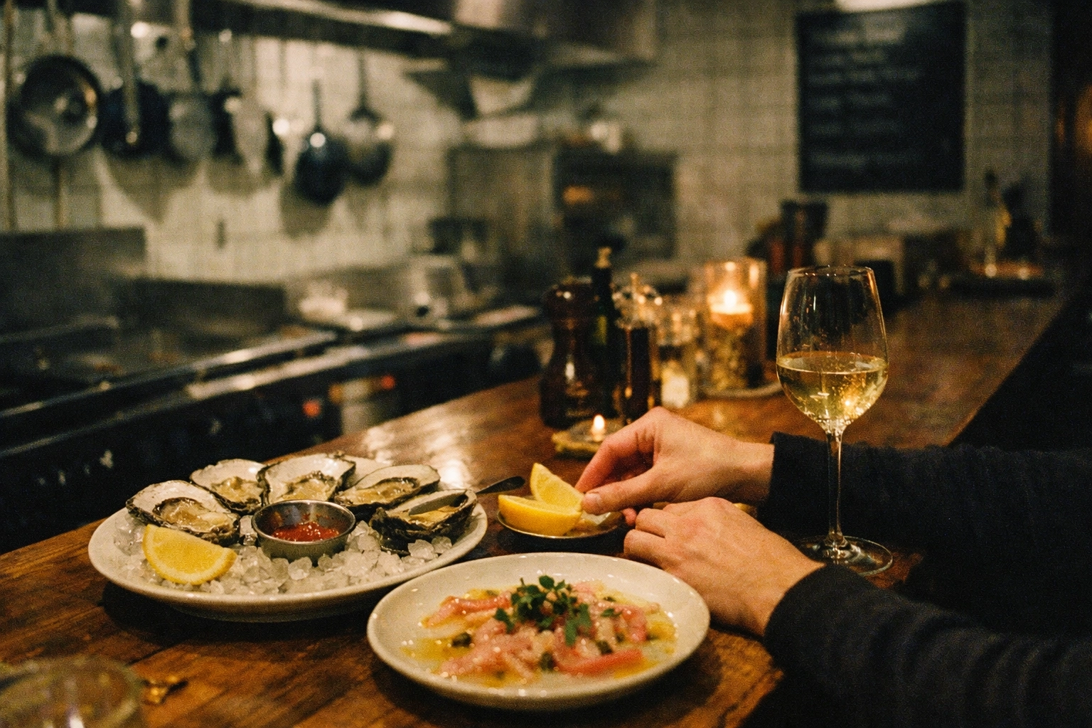 Oysters and crudo on a wooden bar in a Berlin seafood spot, hands reaching for lemon, moody 35mm film look.