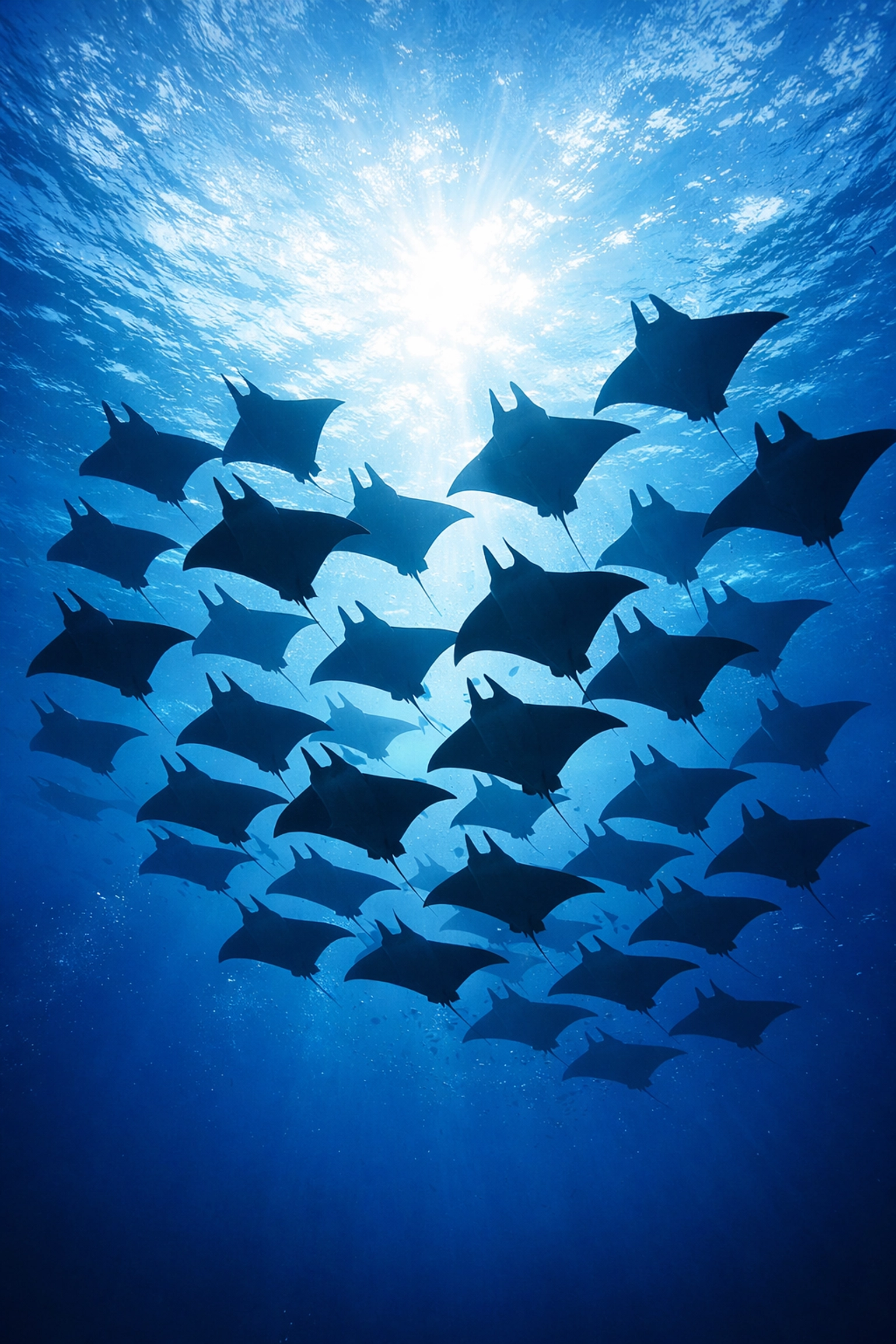 School of mobula rays swimming in blue Atlantic waters off Azores islands