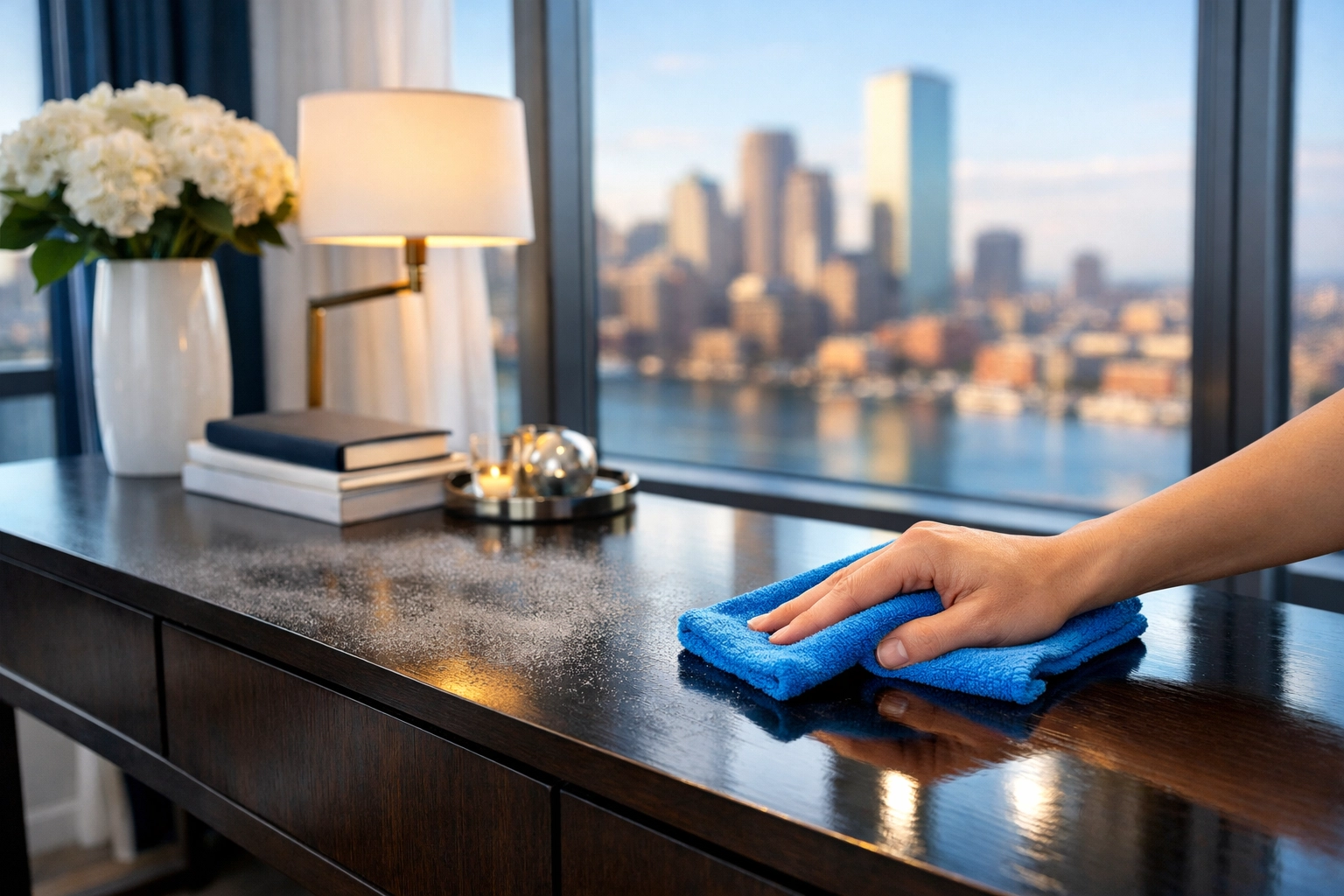 Professional hand removing city dust during a deep cleaning Boston MA session in a luxury condo.