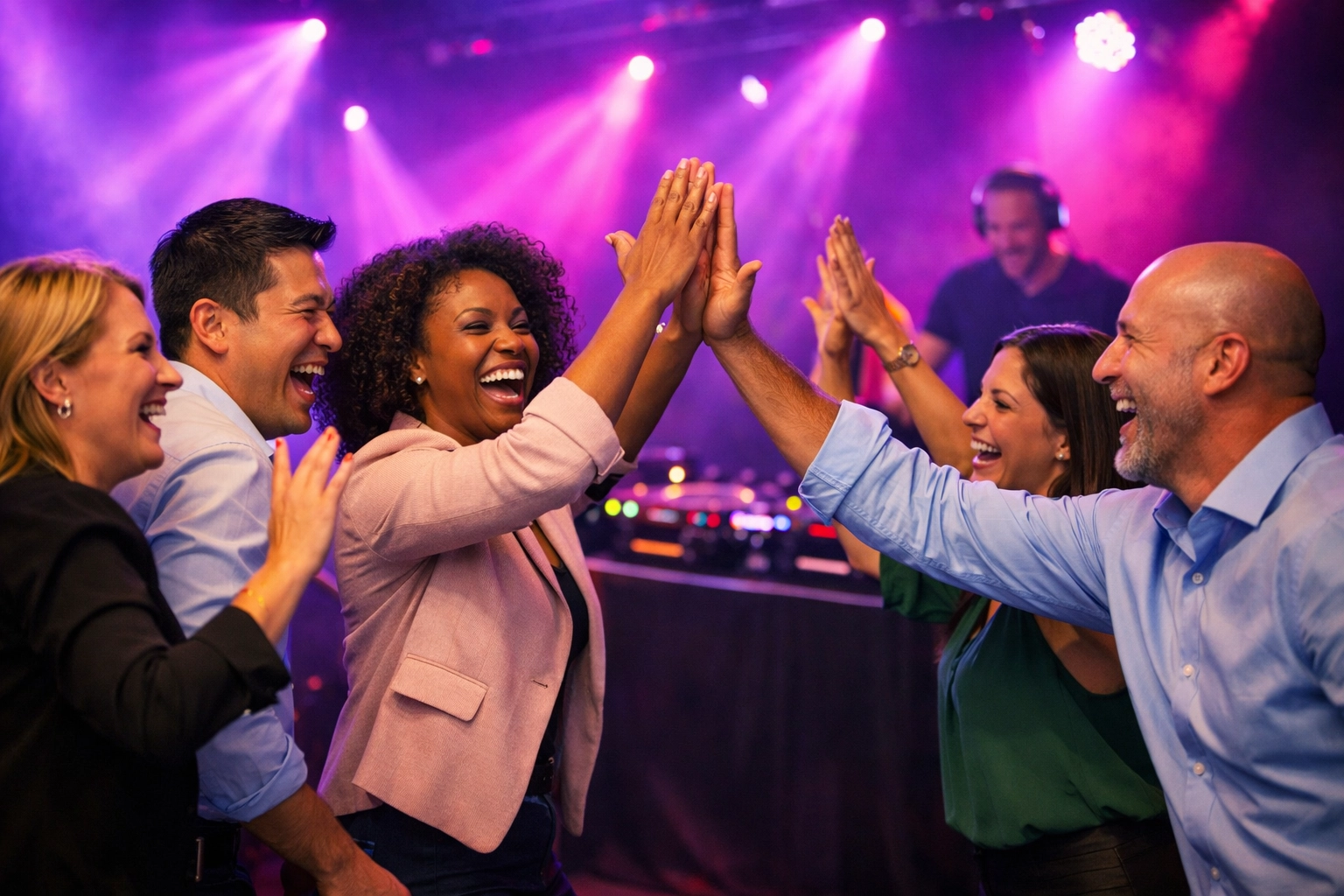 Corporate team building event with employees celebrating and connecting through DJ entertainment