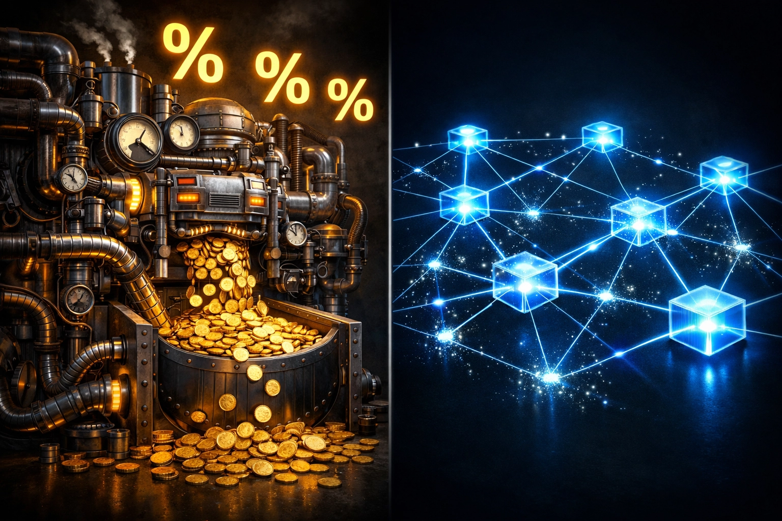 Traditional crypto payment processors draining fees vs efficient blockchain network with minimal gas costs