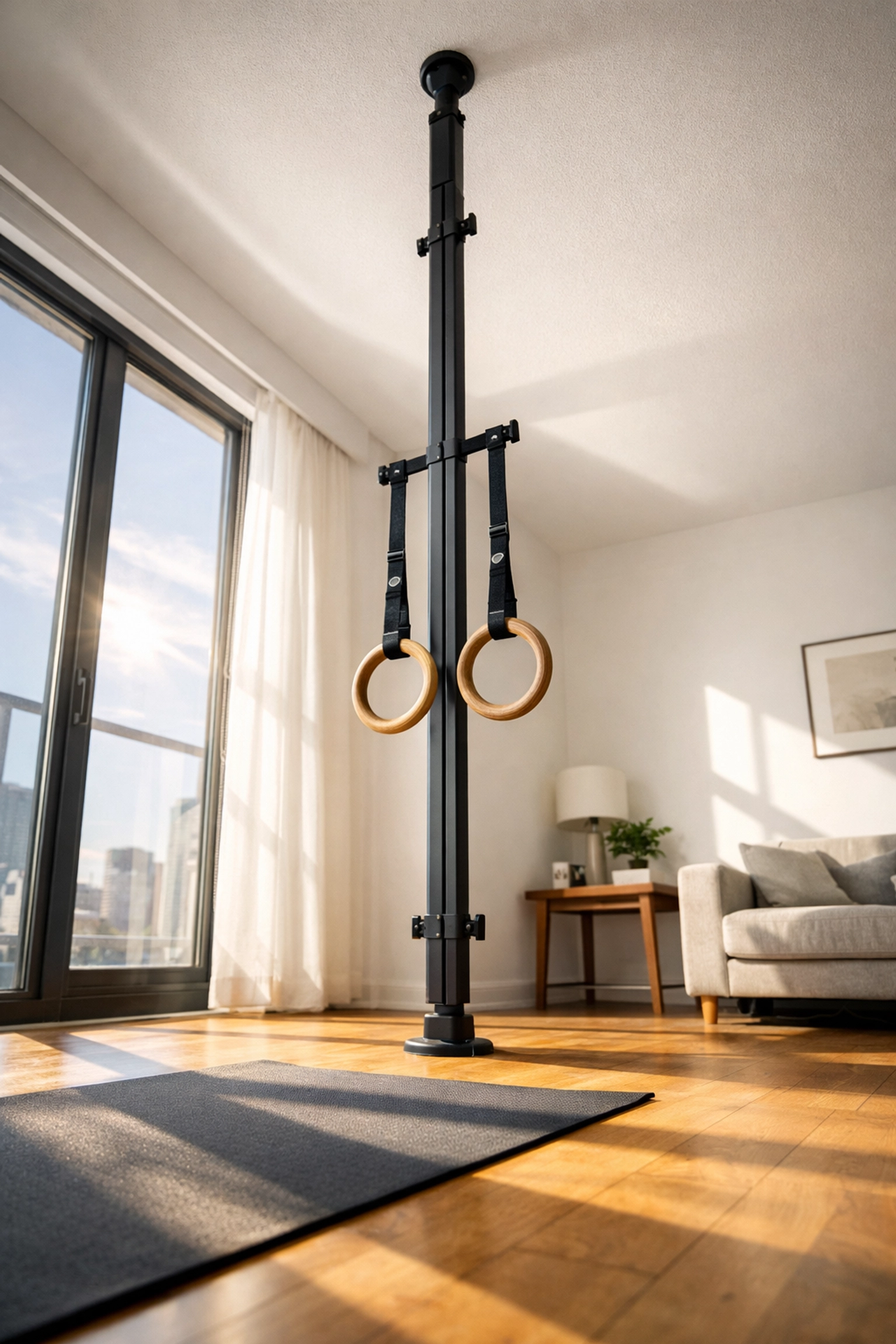 Floor-to-ceiling resistance training system with rings in minimalist home gym setup