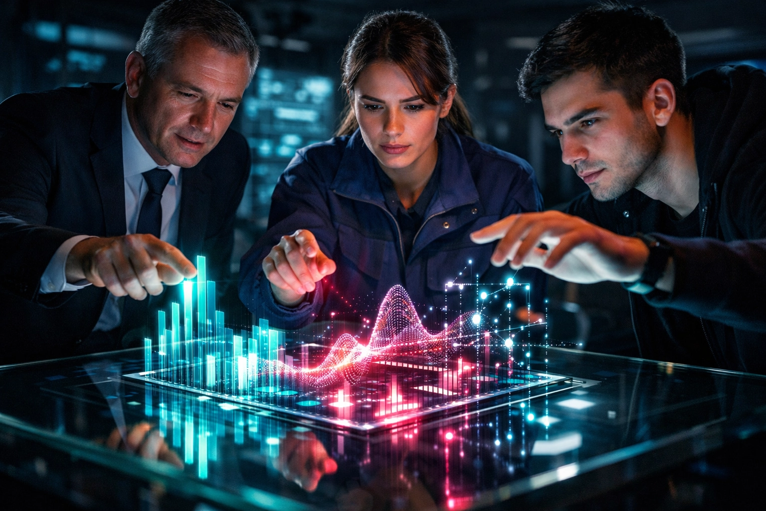 Cross-funktionales Team nutzt KI-Tools zur Datenanalyse im Rahmen eines Pilotprojekts.