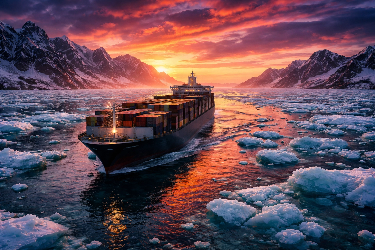 Cargo ship navigating through partly frozen Arctic shipping lanes near Greenland's coastline at sunset.