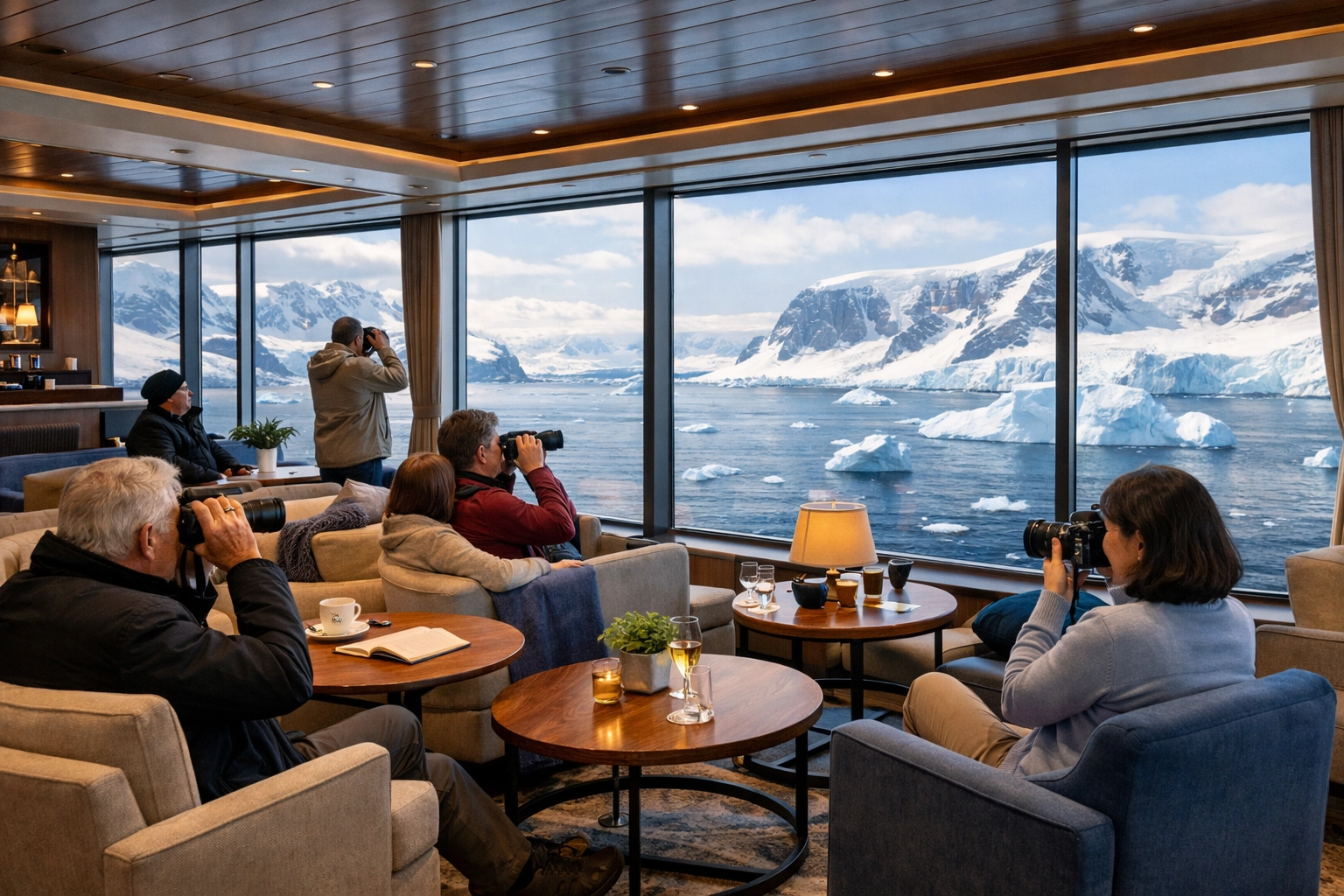 Luxury expedition ship observation lounge with panoramic Antarctic glacier views