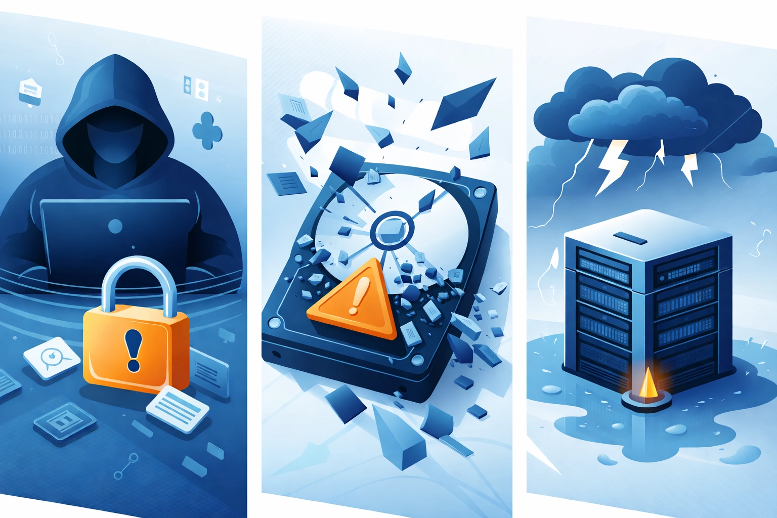 Illustration showing cyber threats, hard drive failure, and disasters as dangers to business data