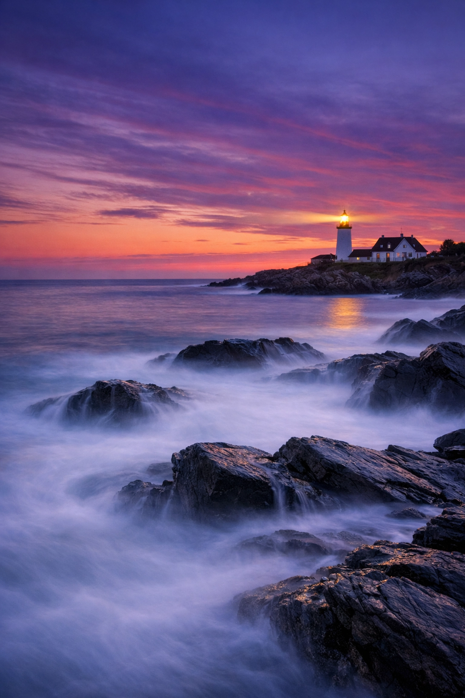 Long exposure of a coastal lighthouse at sunset, showing professional travel photography techniques and gear.