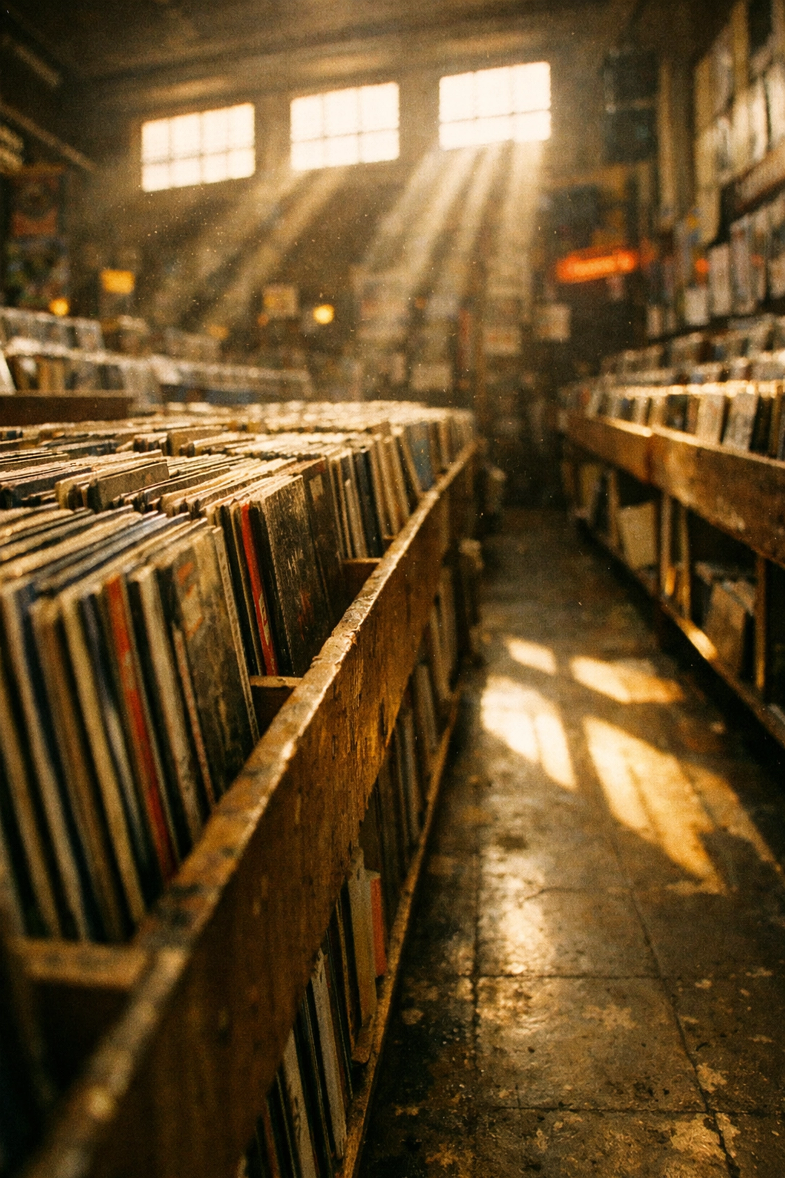 Golden sunlight hitting rows of used vinyl records in a Hollywood record shop crate-digging area.