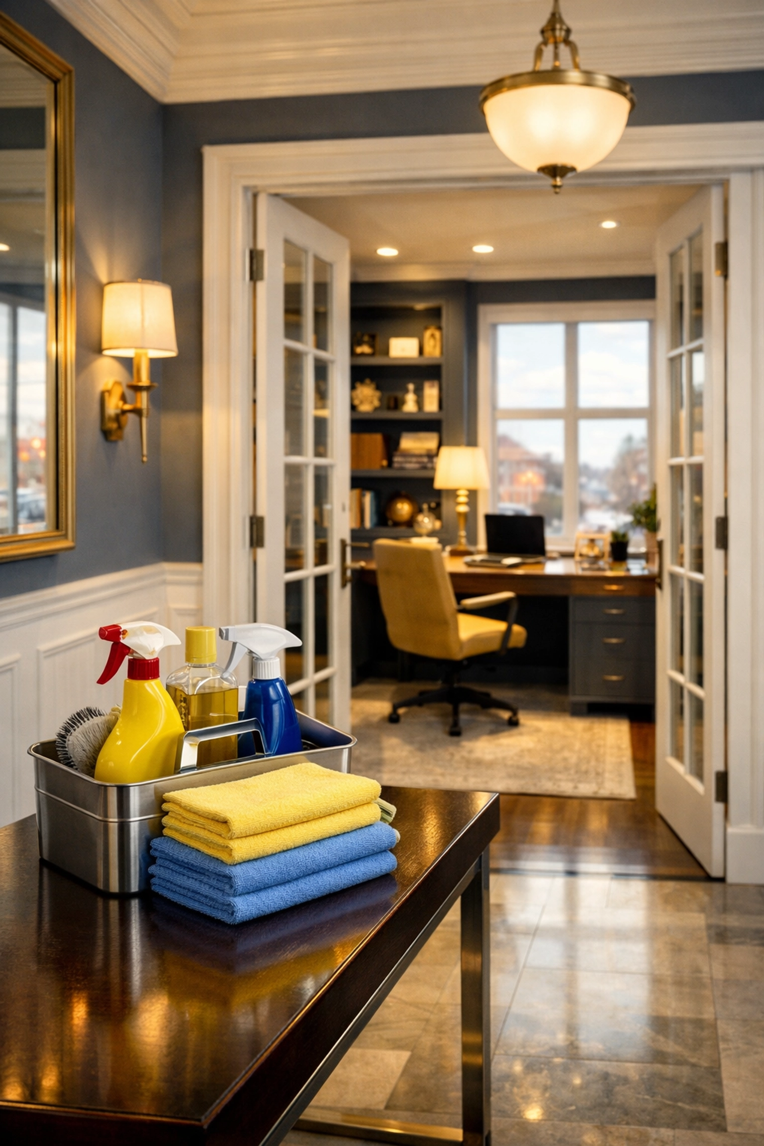 Professional cleaning supplies from a top-rated maid service Worcester in a tidy home office.