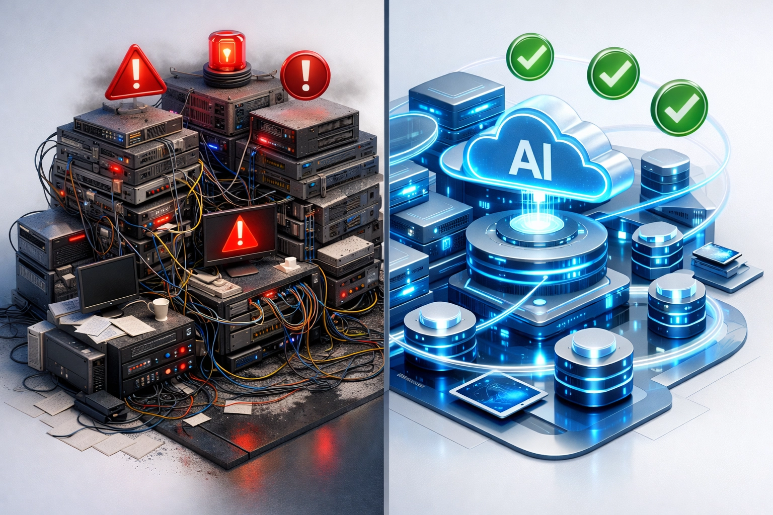 Legacy IT infrastructure versus modern ServiceNow ITOM automation with AI-powered workflows