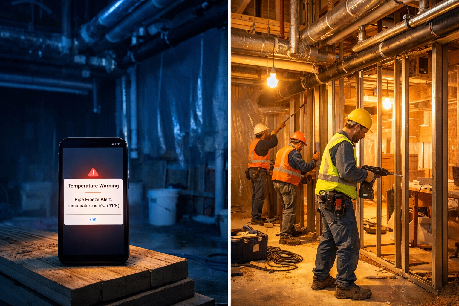 Construction site temperature alert on smartphone preventing winter pipe freeze damage