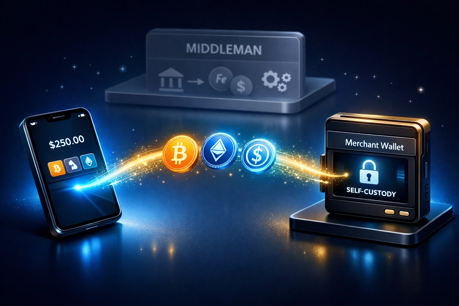 Self-custody crypto wallet showing direct peer-to-peer merchant payments bypassing intermediary platforms