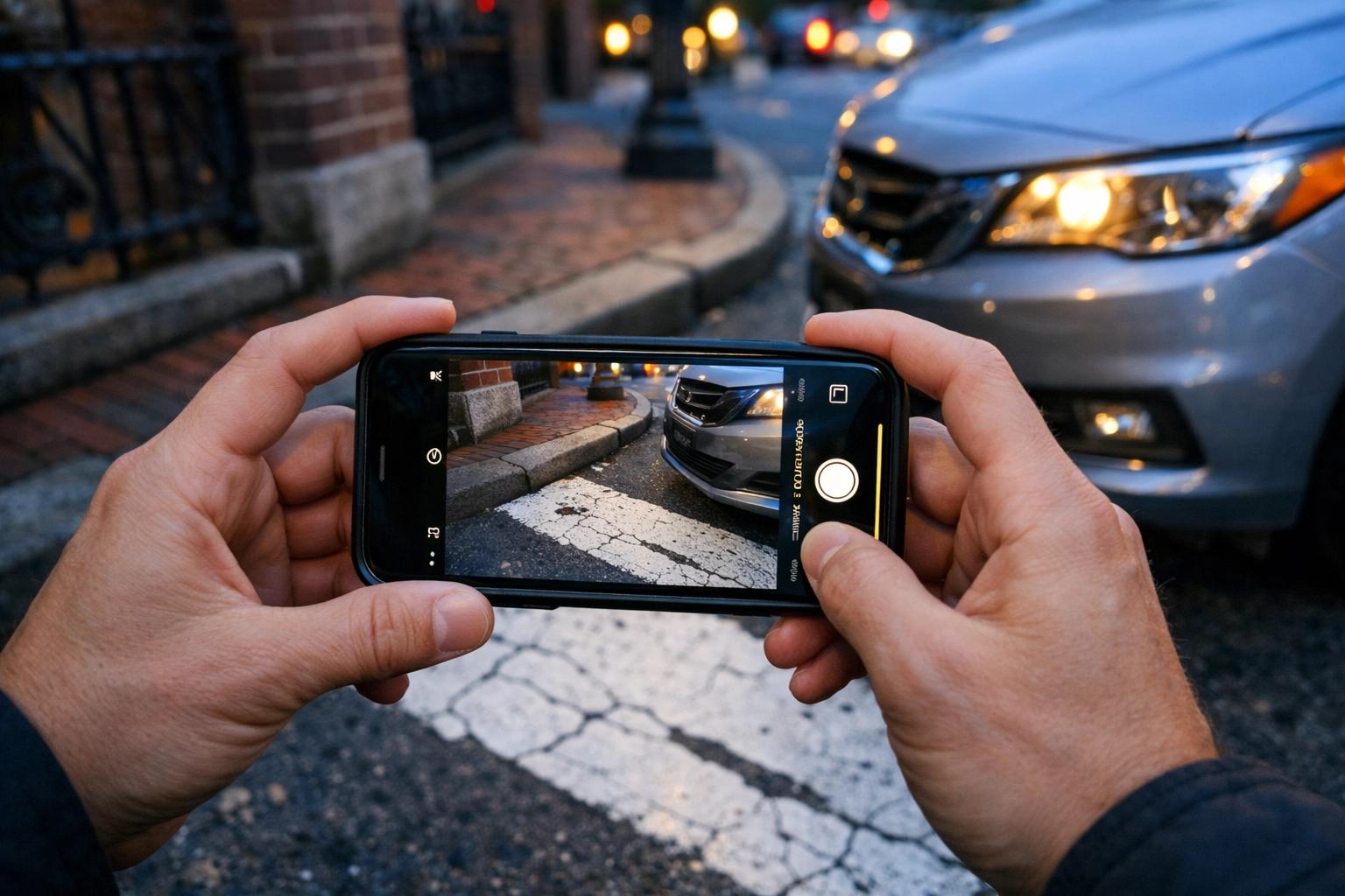 A person taking photos of an accident scene with a smartphone to assist a Boston pedestrian accident lawyer.