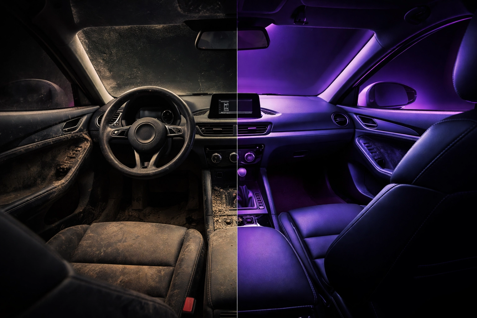 Car interior in Raleigh with half detailed and half dirty, highlighting benefits of professional auto detailing