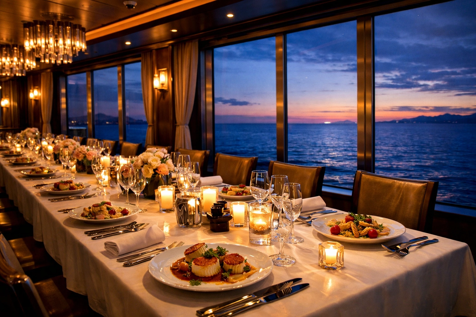 Fine dining at a specialty cruise restaurant with a sunset ocean view for bachelorette groups.