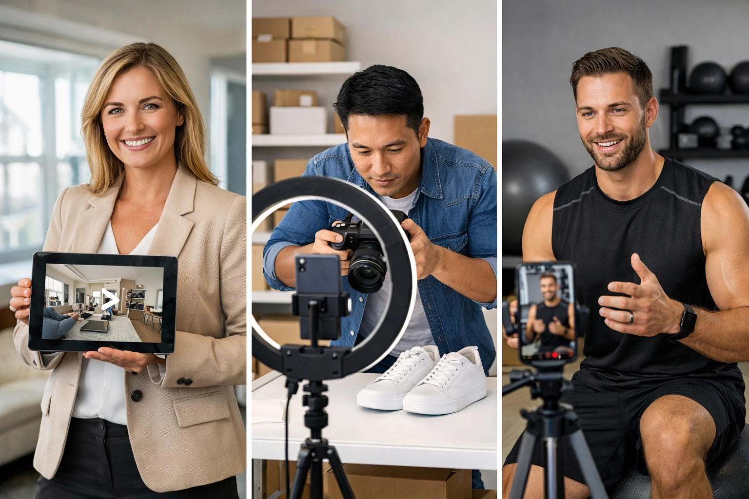 Small business owners creating video content: real estate agent, e-commerce seller, and fitness coach