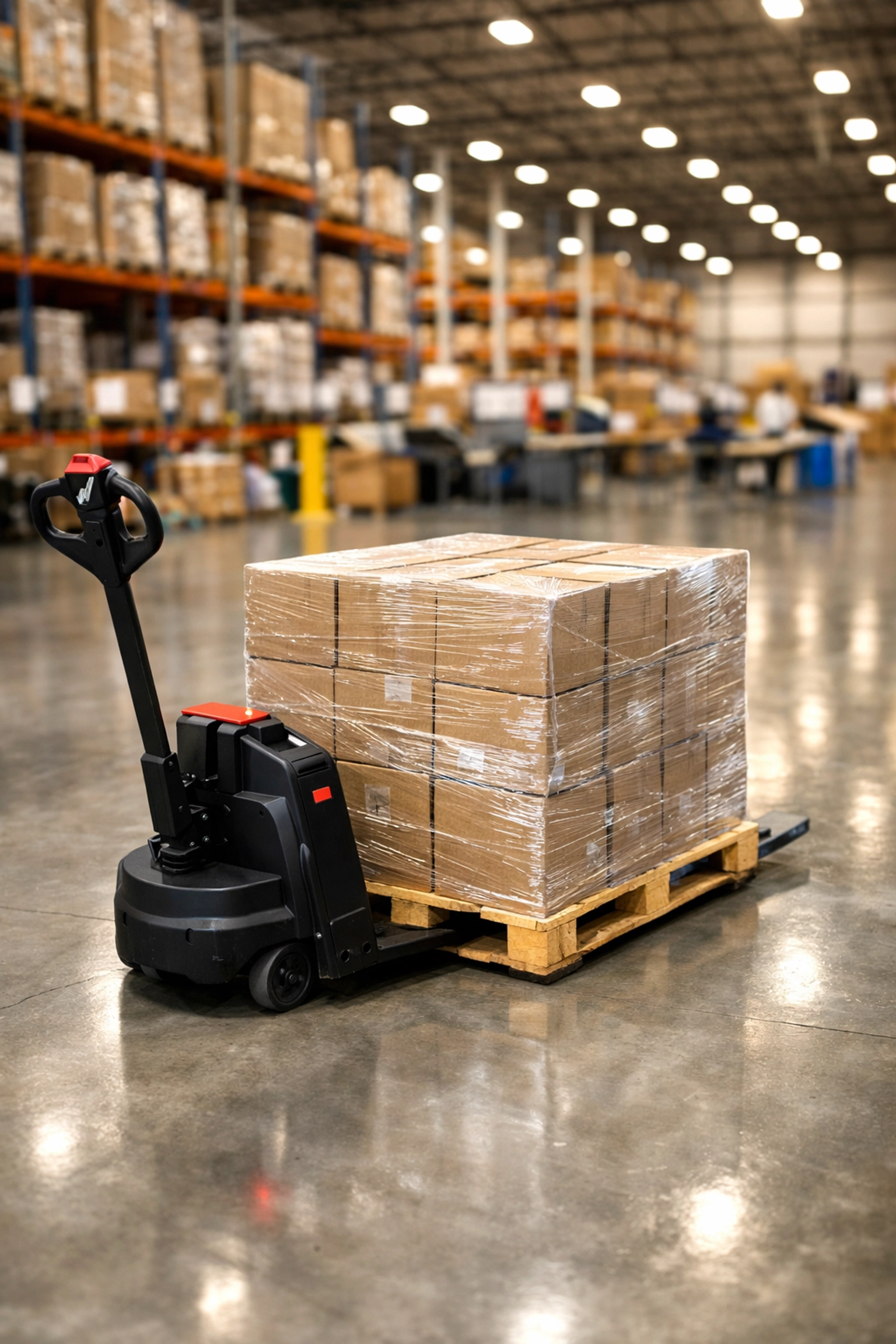 3PL warehouse worker moving a pallet for FBA dripfeed, an efficient alternative to Amazon AWD storage.