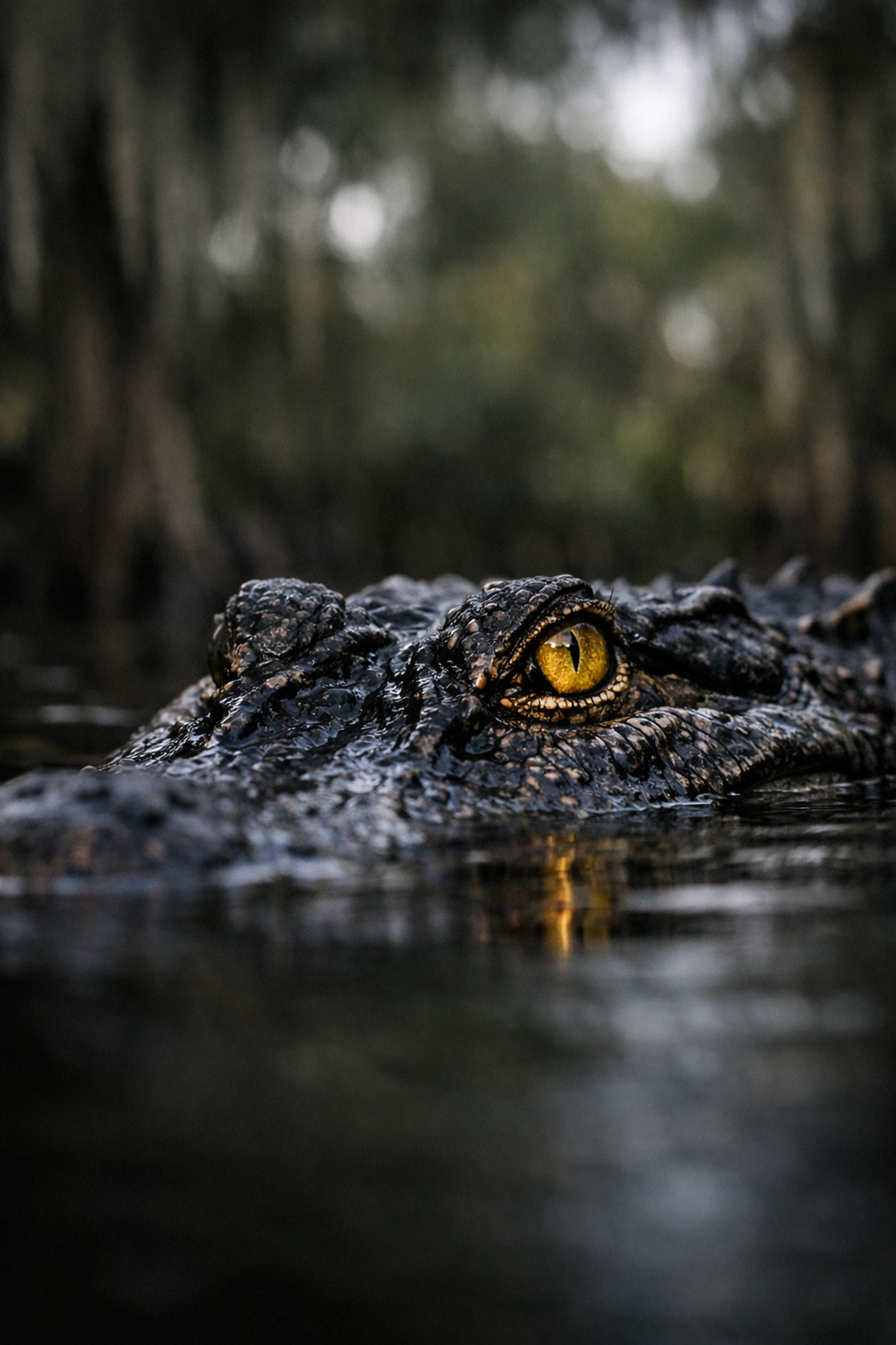 An American Alligator at eye-level in an Everglades swamp illustrating low-angle photography tips.