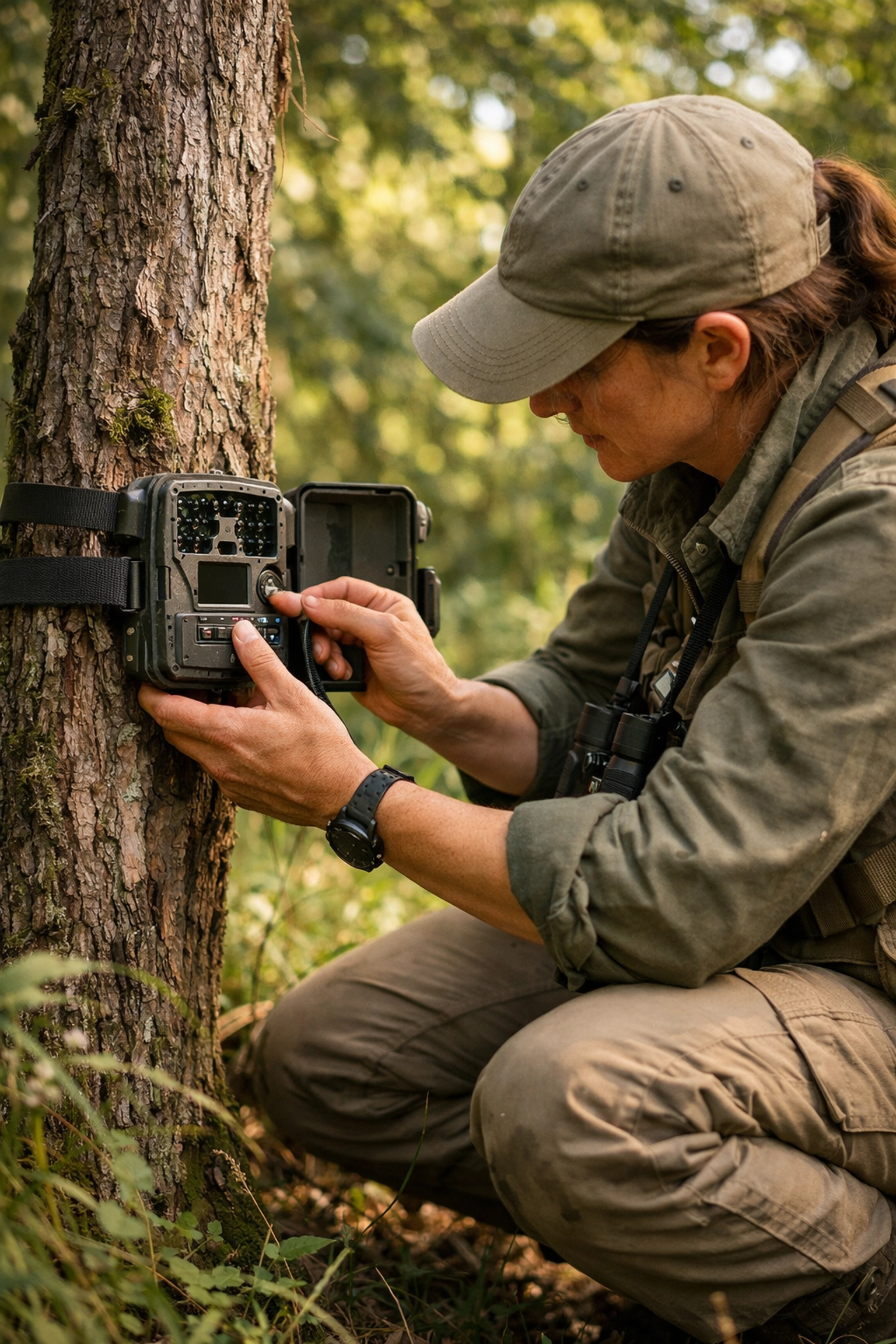 Wildlife conservationist checking a forest camera to share authentic stories of species protection efforts.