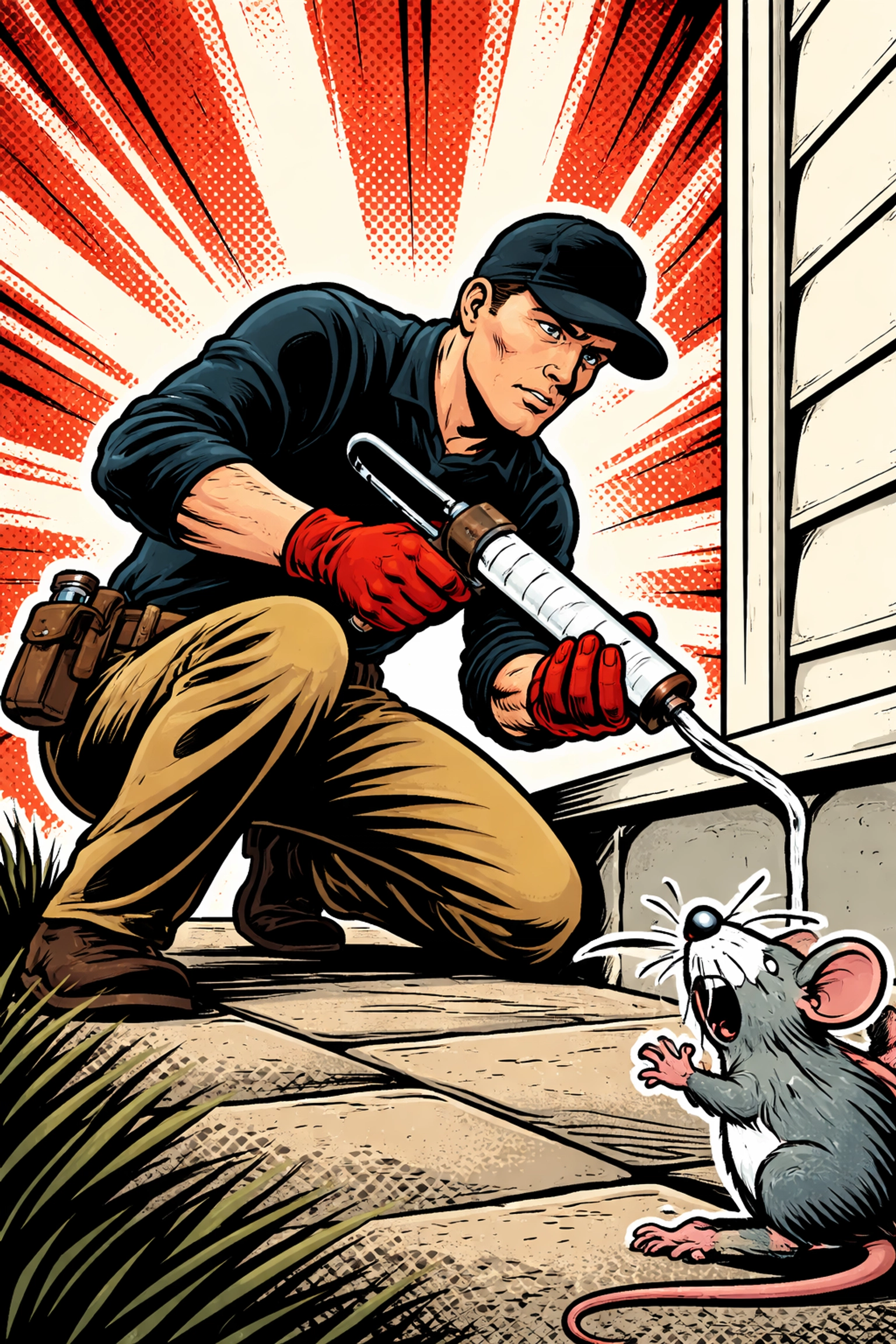 Pop art scene of a Pest X technician sealing a foundation crack to prevent mice, emphasizing winter rodent control measures.